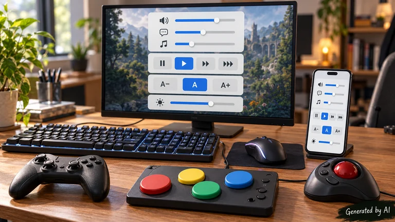 Game settings for audio, speed, text size, and brightness appear on a monitor and a phone, with a keyboard, mouse, gamepad, adaptive controller, and trackball nearby.